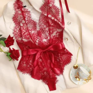 Eyelash Lace Teddy with Satin Ribbon Tie