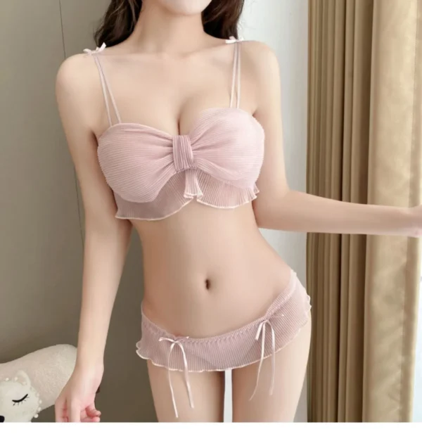 Pink Pleated Bow Lingerie Set | Sheer Ruffle Bralette & Panty Sleepwear