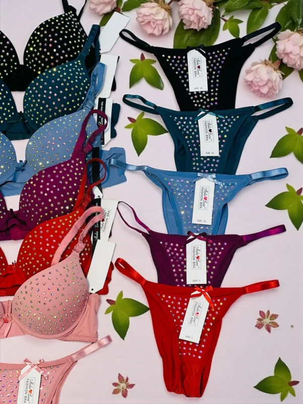 Sparkly Rhinestone Push-Up Bra & Matching Thong Set – Sexy Lingerie in Multiple Colors