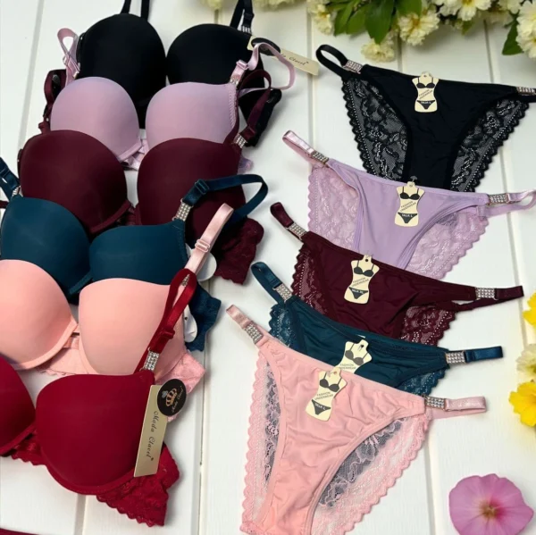 Elegant Padded Bra & Lace Panty Set for Women – Soft Microfiber with Crystal Strap Detail