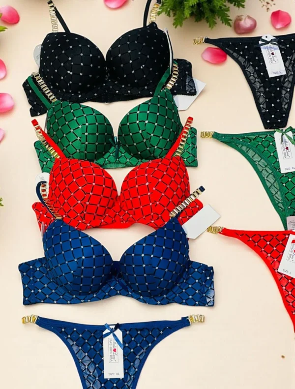 Bold Diamond-Net Bra & Panty Set – Glamorous Crystal Studded Lingerie with Gold Strap Detail