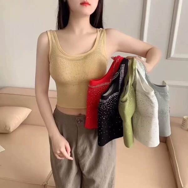 Rhinestone-Embellished Rib Knit Camisole with Built-in Bra