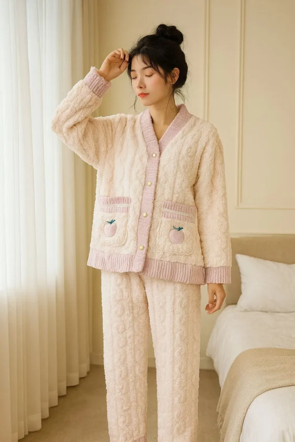 Ultra-Soft Women’s Fuzzy Fleece Pyjama Set | Cozy Cable Knit Winter Loungewear with Bear Pockets