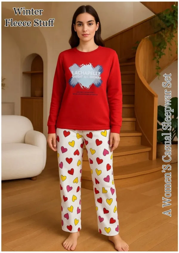 Cozy Winter Fleece Sleepwear Set for Women | Casual Heart Print Loungewear Pyjama
